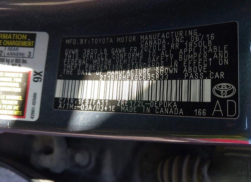 Photo 9 of 2016 Toyota Corolla L (VIN 2T1BURHEXGC695833)