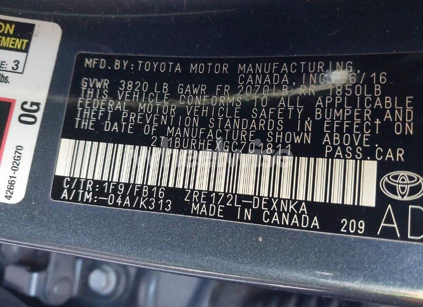 Photo 9 of 2016 Toyota Corolla LE (VIN 2T1BURHEXGC701811)