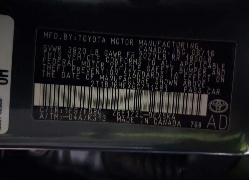 Photo 9 of 2016 Toyota Corolla S PLUS (VIN 2T1BURHEXGC711481)