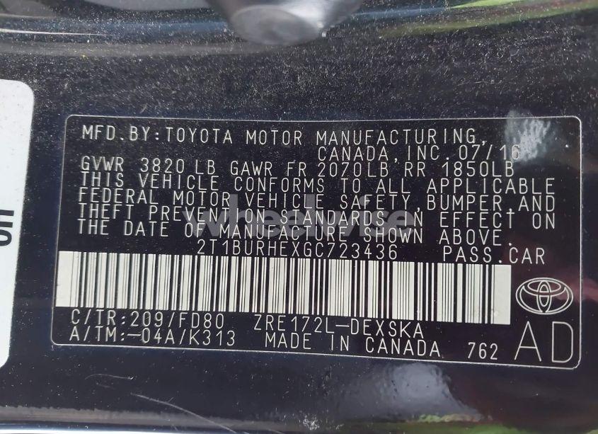 Photo 9 of 2016 Toyota Corolla L/LE/LE PLS/PRM/S/S PLS (VIN 2T1BURHEXGC723436)