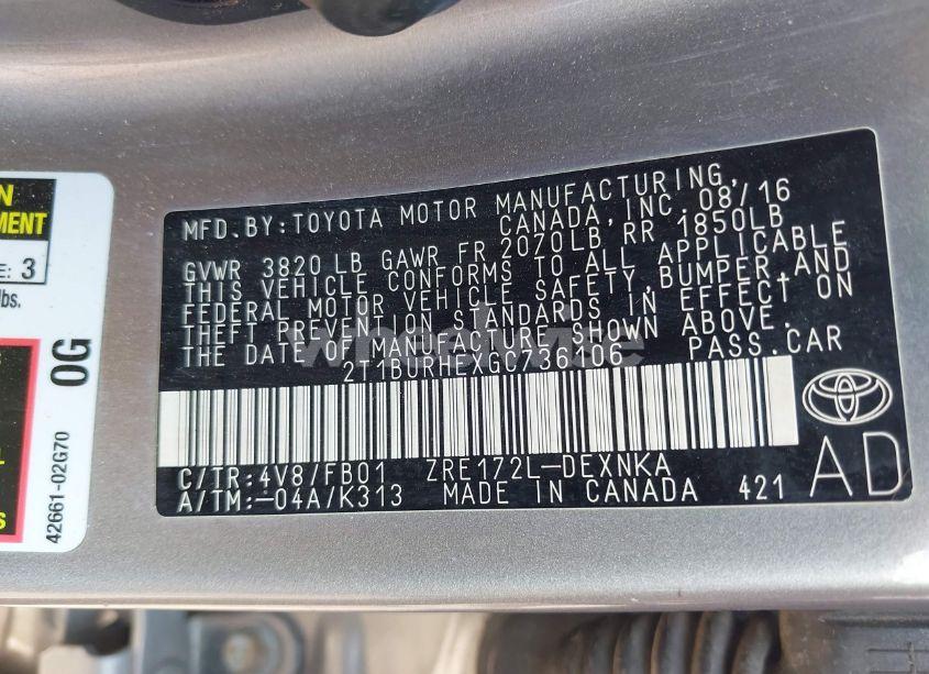 Photo 9 of 2016 Toyota Corolla LE (VIN 2T1BURHEXGC736106)