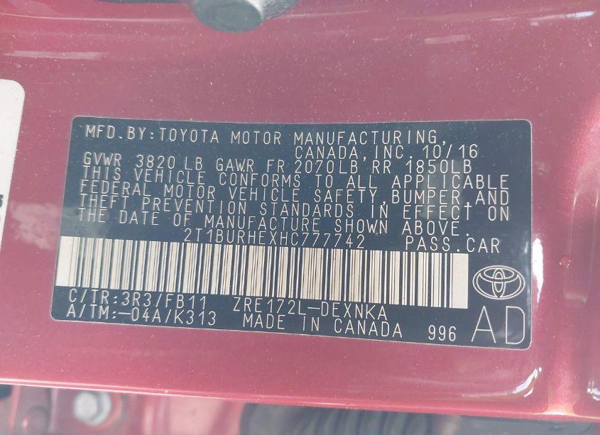 Photo 9 of 2017 Toyota Corolla LE (VIN 2T1BURHEXHC777742)