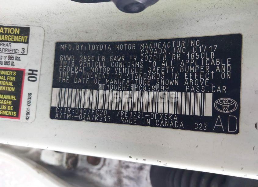 Photo 9 of 2017 Toyota Corolla SE (VIN 2T1BURHEXHC838099)