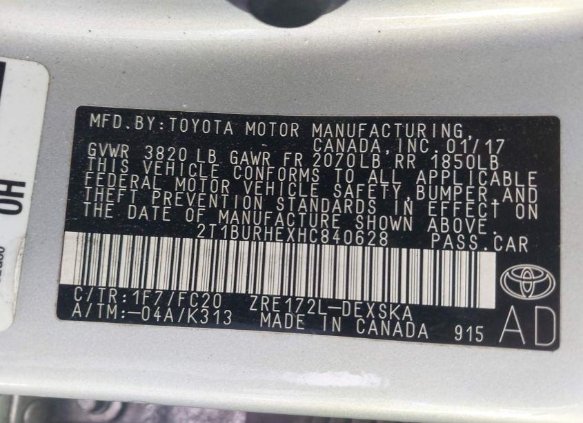 Photo 9 of 2017 Toyota Corolla SE (VIN 2T1BURHEXHC840628)