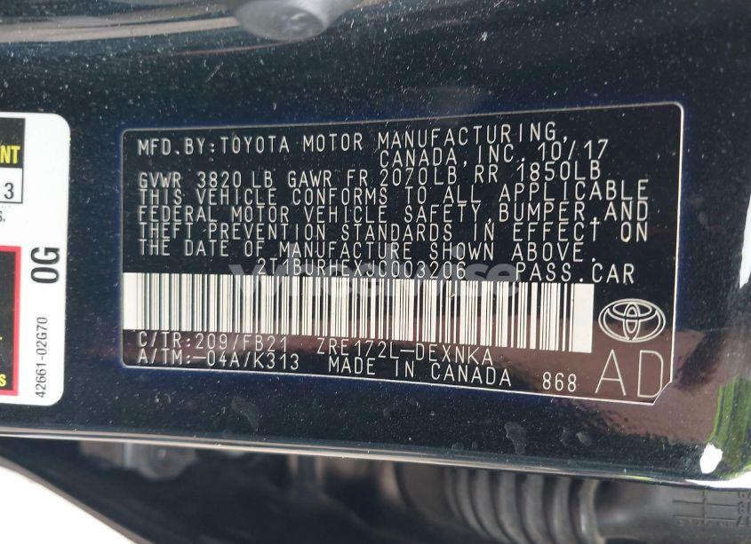 Photo 9 of 2018 Toyota Corolla LE (VIN 2T1BURHEXJC003206)