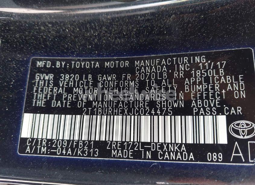 Photo 9 of 2018 Toyota Corolla LE (VIN 2T1BURHEXJC024475)