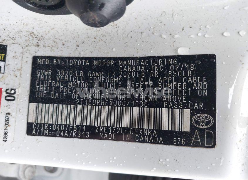 Photo 9 of 2018 Toyota Corolla LE (VIN 2T1BURHEXJC071036)