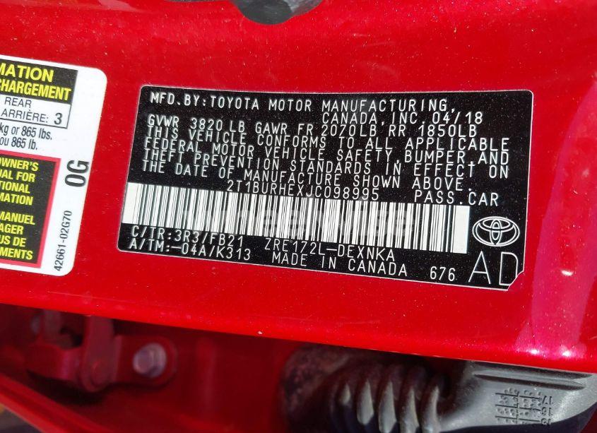 Photo 9 of 2018 Toyota Corolla LE (VIN 2T1BURHEXJC098995)