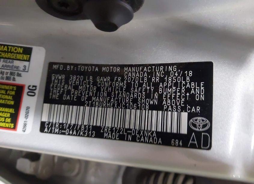 Photo 9 of 2018 Toyota Corolla LE (VIN 2T1BURHEXJC106108)