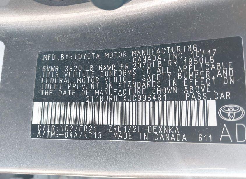 Photo 9 of 2018 Toyota Corolla LE (VIN 2T1BURHEXJC996481)