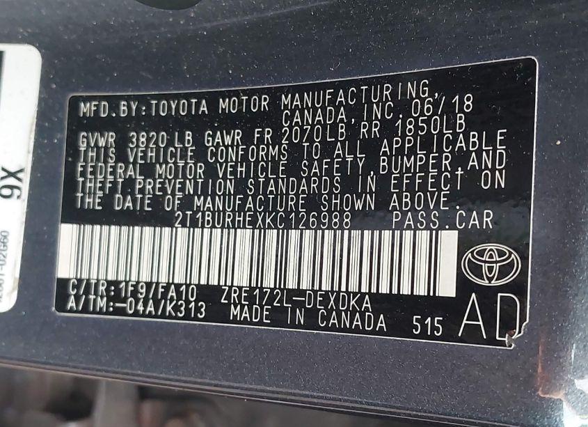 Photo 9 of 2019 Toyota Corolla L (VIN 2T1BURHEXKC126988)