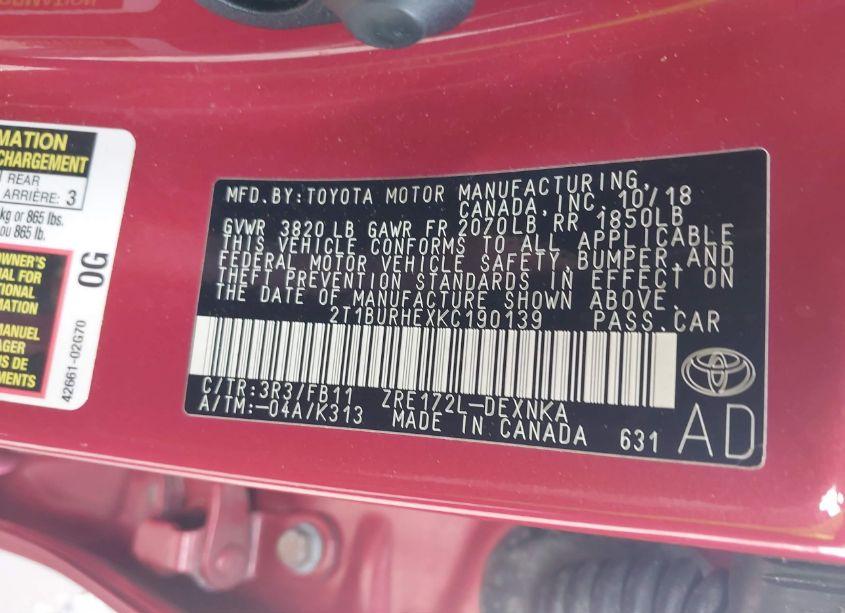 Photo 9 of 2019 Toyota Corolla LE (VIN 2T1BURHEXKC190139)