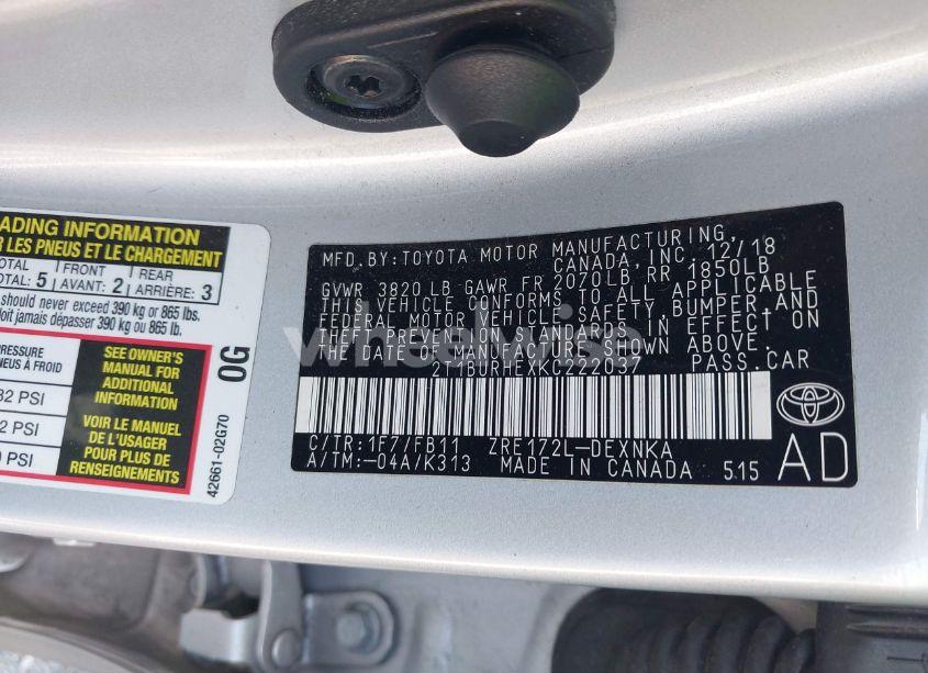 Photo 9 of 2019 Toyota Corolla LE (VIN 2T1BURHEXKC222037)