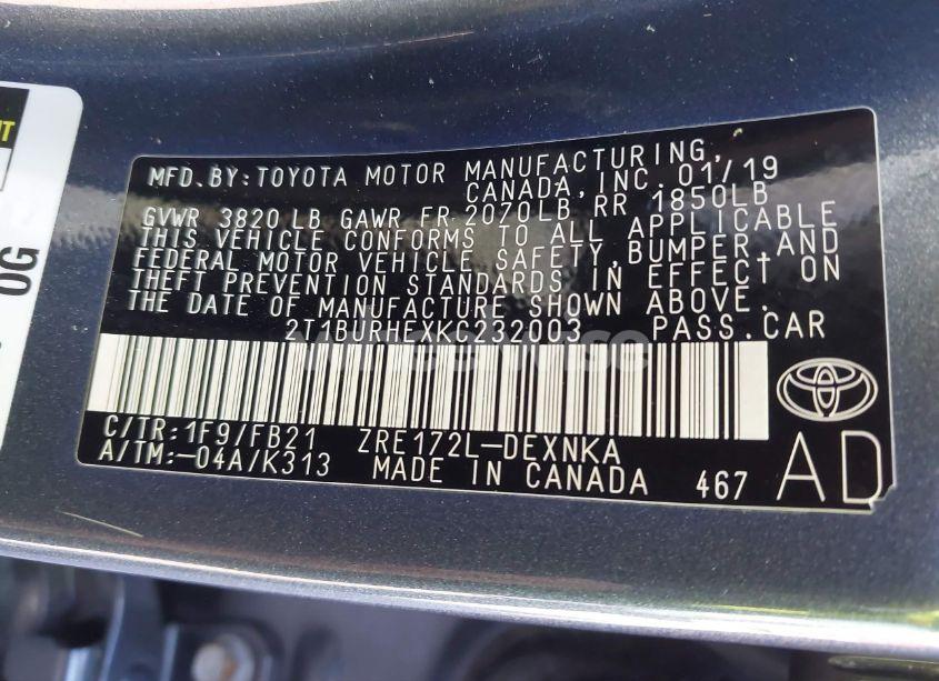 Photo 9 of 2019 Toyota Corolla LE (VIN 2T1BURHEXKC232003)