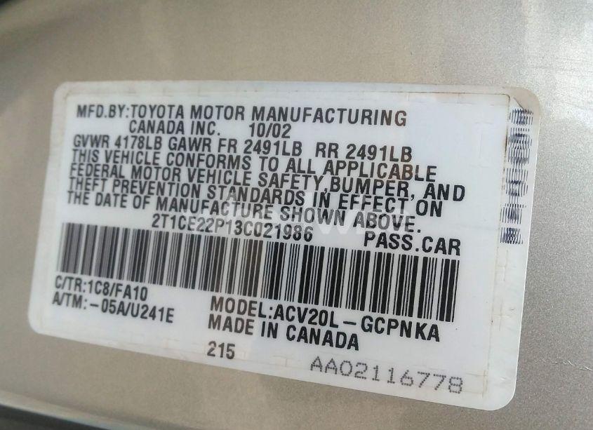 Photo 9 of 2003 Toyota Camry SOLARA SE (VIN 2T1CE22P13C021986)