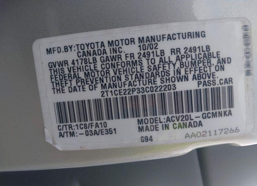 Photo 9 of 2003 Toyota Camry SOLARA SE (VIN 2T1CE22P33C022203)