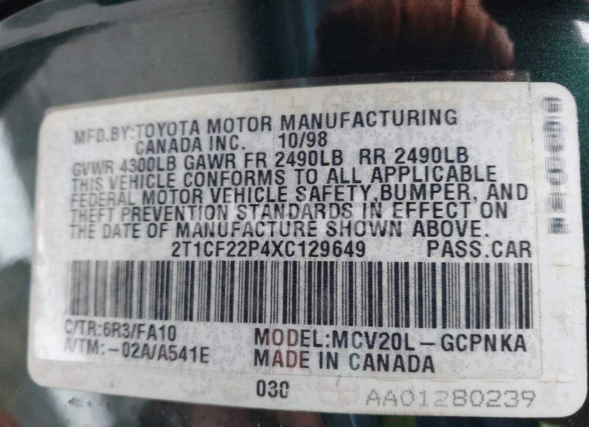 Photo 9 of 1999 Toyota Camry SOLARA SE V6 (VIN 2T1CF22P4XC129649)