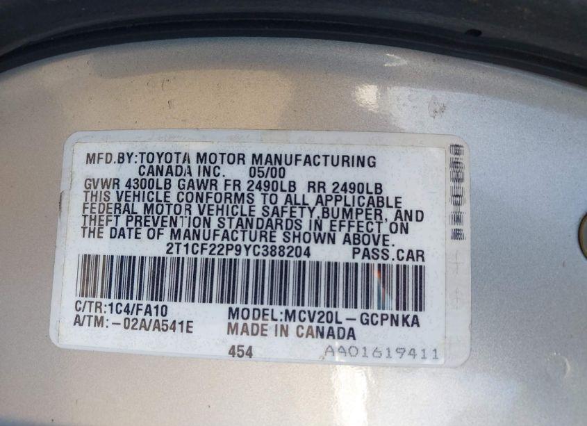 Photo 9 of 2000 Toyota Camry SOLARA SE (VIN 2T1CF22P9YC388204)