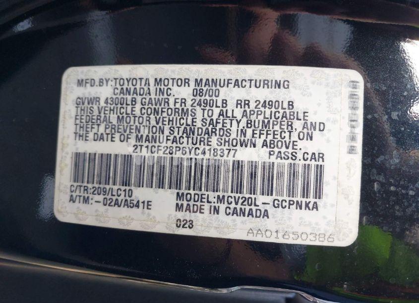 Photo 9 of 2000 Toyota Camry SOLARA SLE V6 (VIN 2T1CF28P6YC418377)