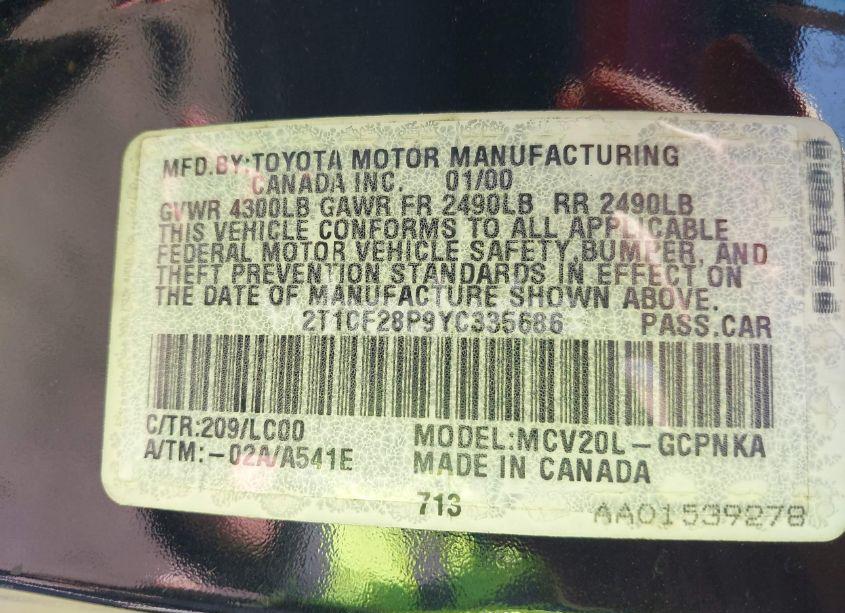 Photo 9 of 2000 Toyota Camry SOLARA SLE V6 (VIN 2T1CF28P9YC335686)