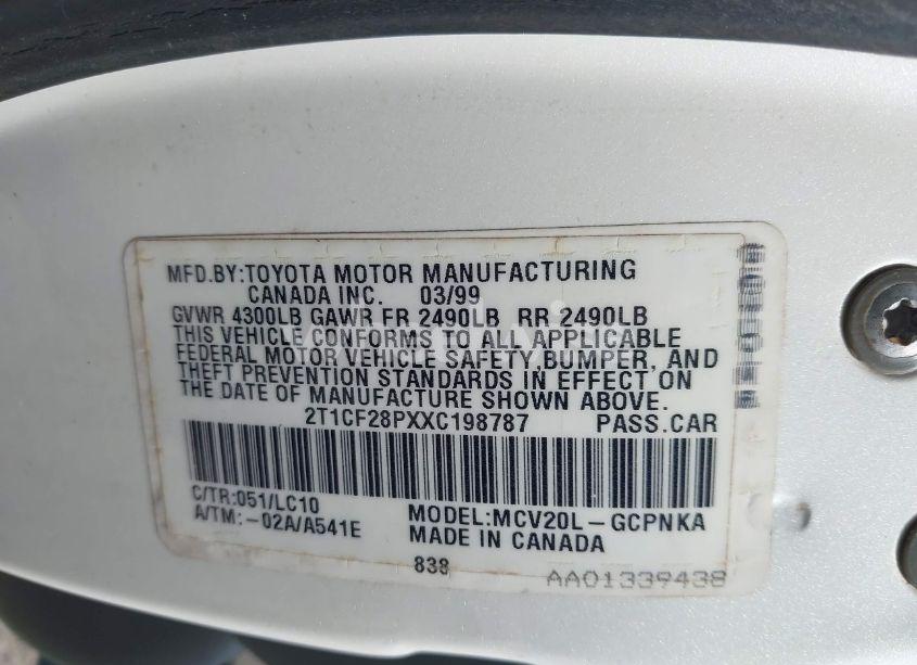 Photo 9 of 1999 Toyota Camry SOLARA SLE (VIN 2T1CF28PXXC198787)