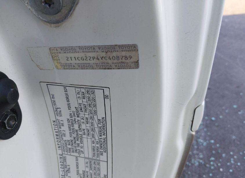 Photo 9 of 2000 Toyota Camry SOLARA SE (VIN 2T1CG22P4YC408789)