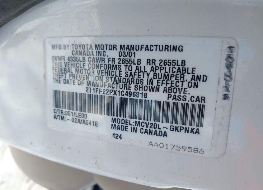 Photo 9 of 2001 Toyota Camry SOLARA SLE V6 (VIN 2T1FF22PX1C496818)