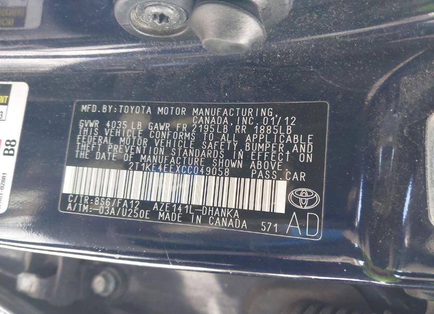 Photo 9 of 2012 Toyota Corolla (VIN 2T1KE4EEXCC049058)