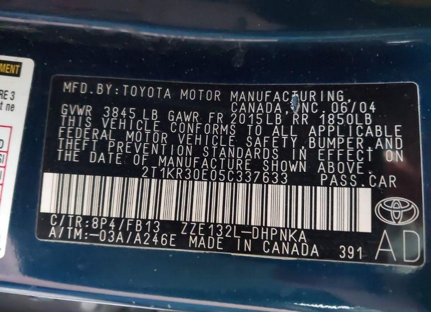 Photo 9 of 2005 Toyota Matrix XR (VIN 2T1KR30E05C337633)