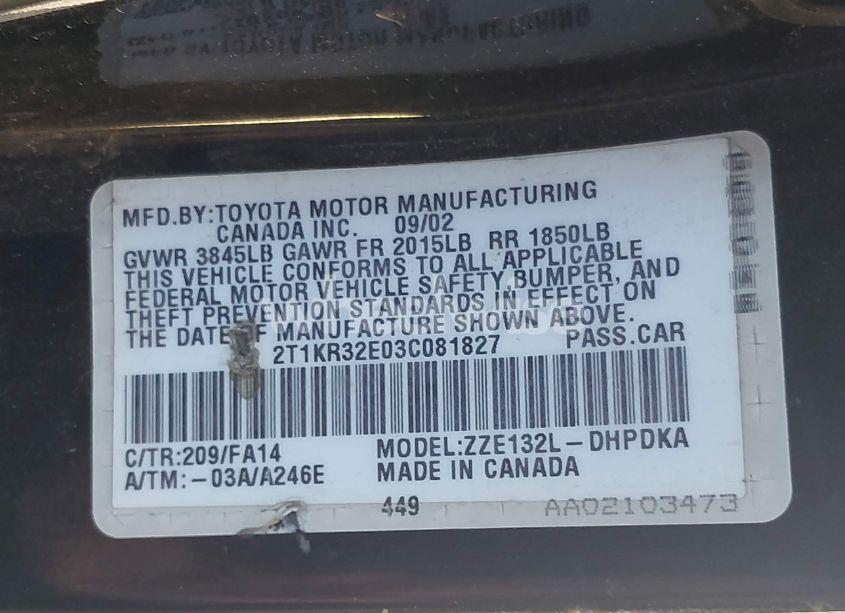 Photo 9 of 2003 Toyota Matrix STANDARD (VIN 2T1KR32E03C081827)