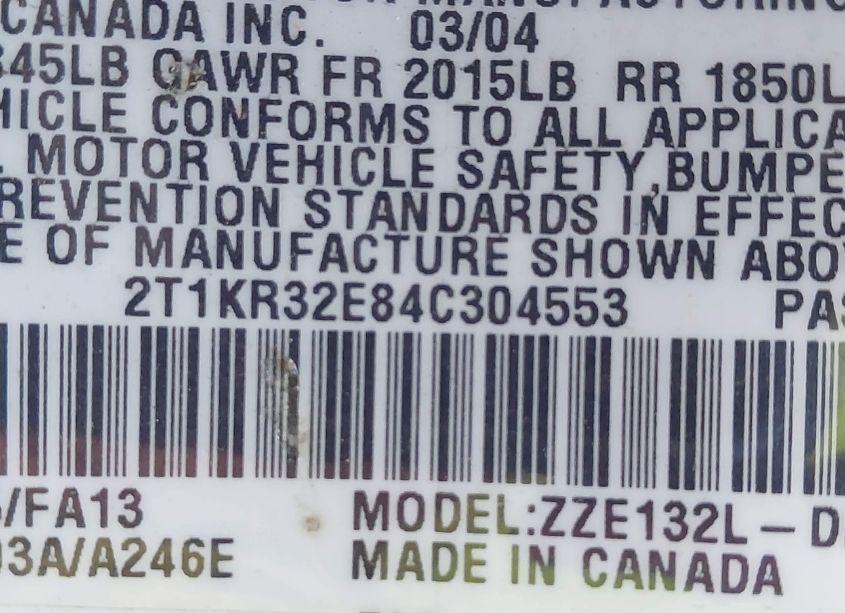 Photo 9 of 2004 Toyota Matrix STANDARD (VIN 2T1KR32E84C304553)