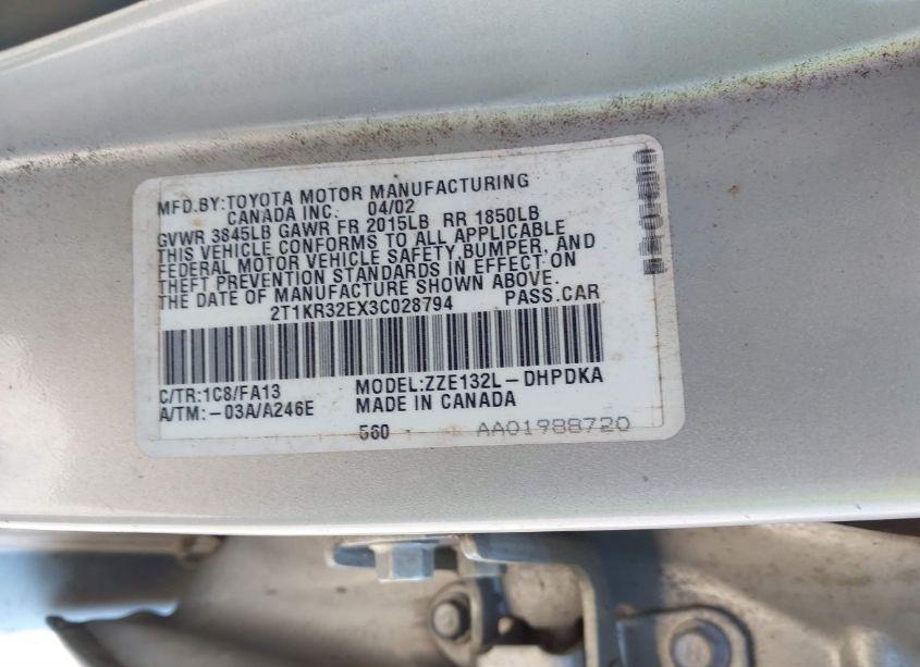 Photo 9 of 2003 Toyota Matrix STANDARD (VIN 2T1KR32EX3C028794)