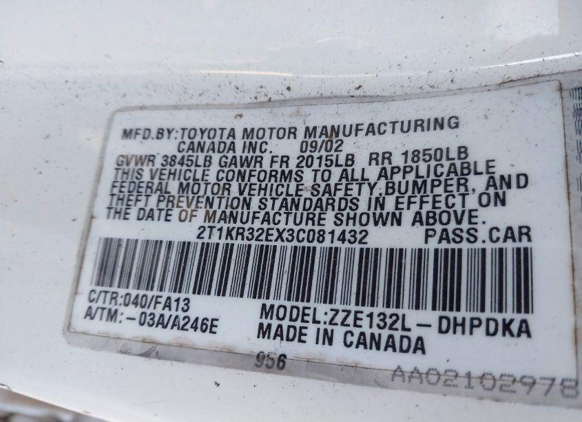 Photo 9 of 2003 Toyota Matrix STANDARD (VIN 2T1KR32EX3C081432)