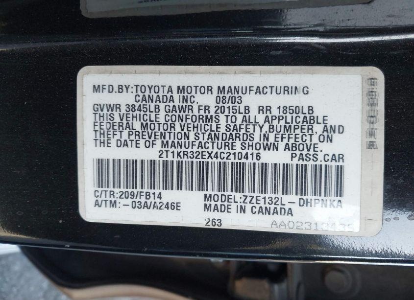 Photo 9 of 2004 Toyota Matrix XR (VIN 2T1KR32EX4C210416)