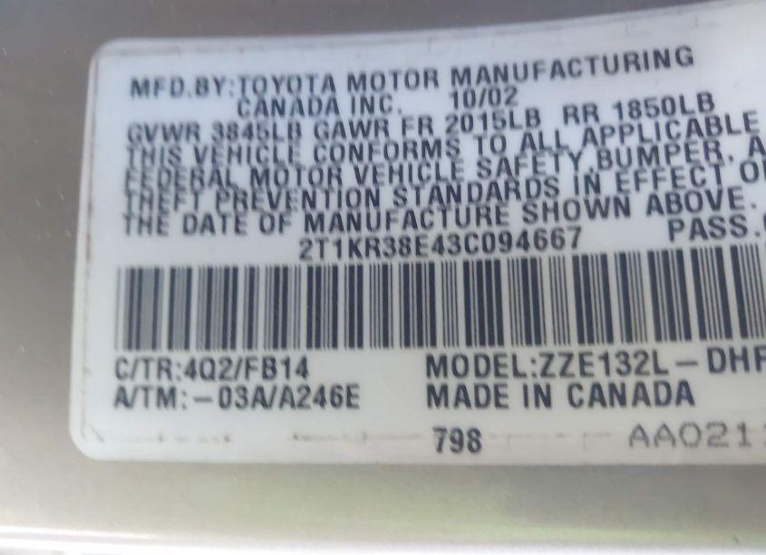 Photo 9 of 2003 Toyota Matrix XR (VIN 2T1KR38E43C094667)