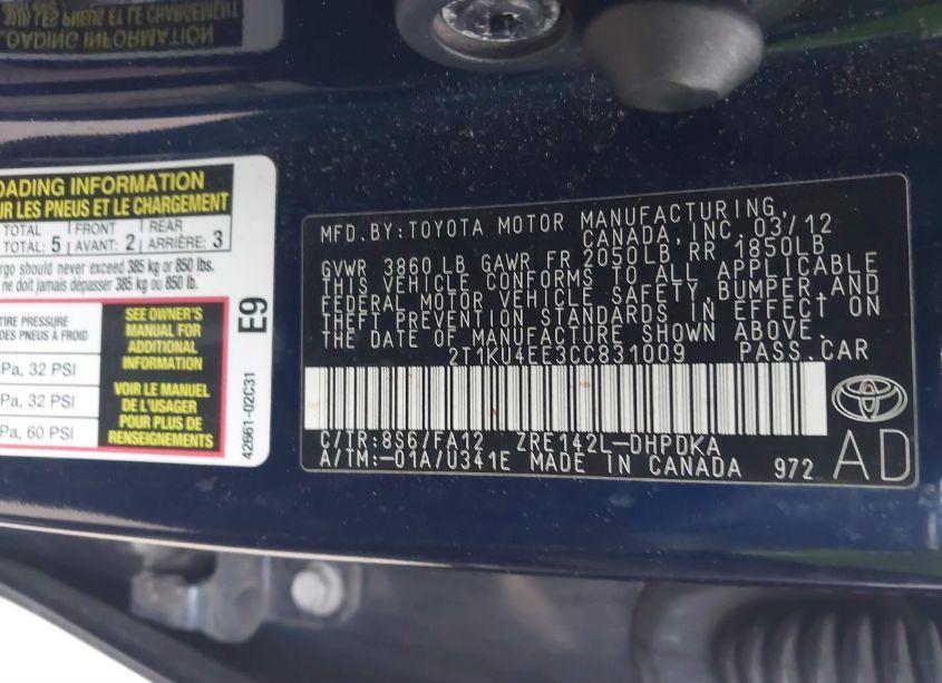 Photo 9 of 2012 Toyota Matrix L (VIN 2T1KU4EE3CC831009)