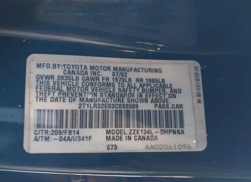 Photo 9 of 2003 Toyota Matrix XR (VIN 2T1LR32E03C063509)