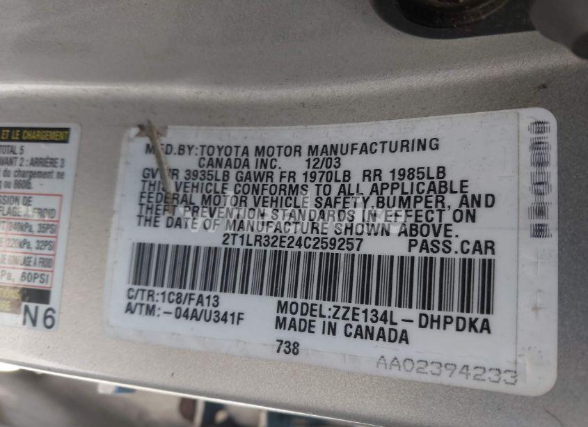 Photo 9 of 2004 Toyota Matrix STANDARD (VIN 2T1LR32E24C259257)