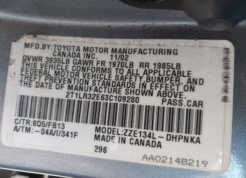 Photo 9 of 2003 Toyota Matrix XR (VIN 2T1LR32E63C109280)