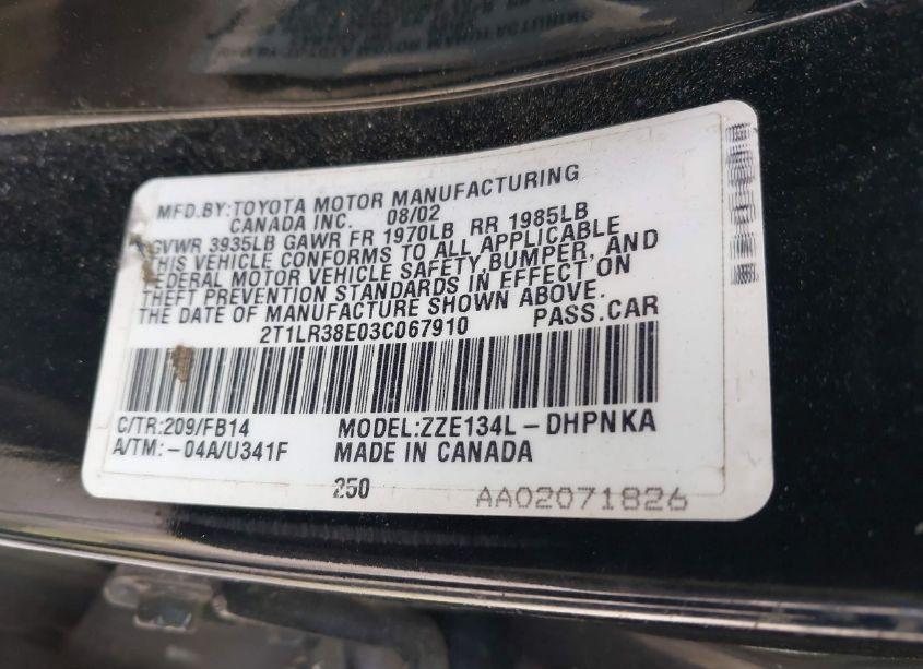 Photo 9 of 2003 Toyota Matrix XR (VIN 2T1LR38E03C067910)