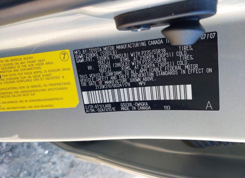Photo 9 of 2008 Lexus Rx 350 (VIN 2T2GK31U18C041178)