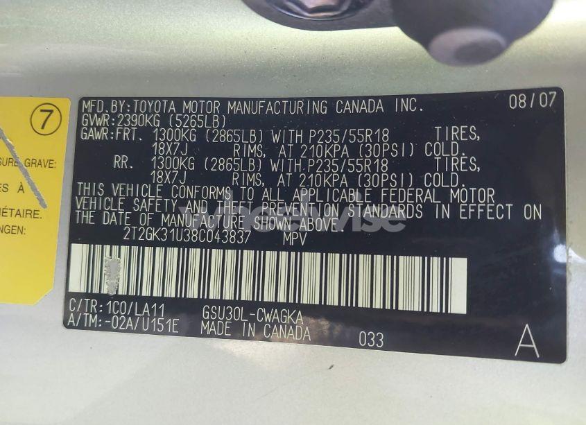 Photo 9 of 2008 Lexus Rx 350 (VIN 2T2GK31U38C043837)