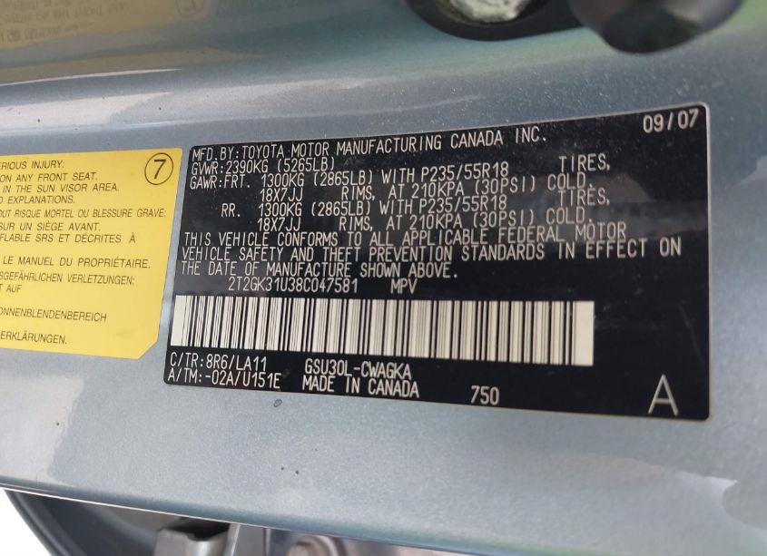 Photo 9 of 2008 Lexus Rx 350 (VIN 2T2GK31U38C047581)