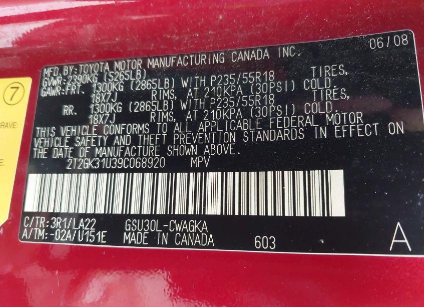 Photo 9 of 2009 Lexus Rx 350 (VIN 2T2GK31U39C068920)