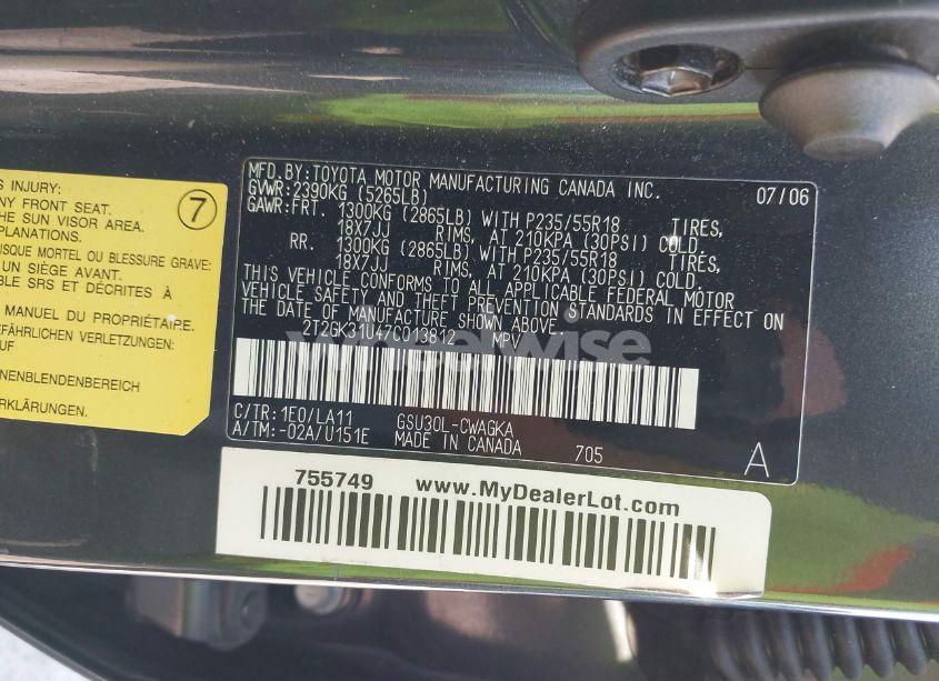 Photo 9 of 2007 Lexus Rx 350 (VIN 2T2GK31U47C013812)