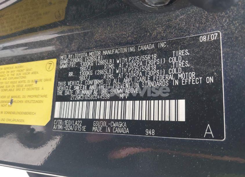 Photo 9 of 2008 Lexus Rx 350 (VIN 2T2GK31U58C044598)