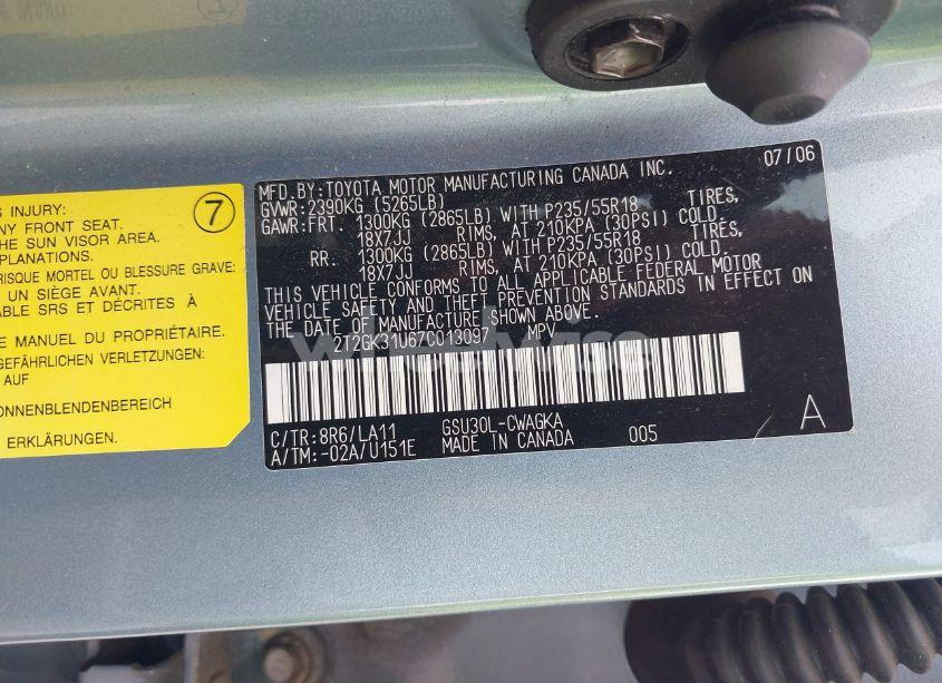 Photo 9 of 2007 Lexus Rx 350 (VIN 2T2GK31U67C013097)