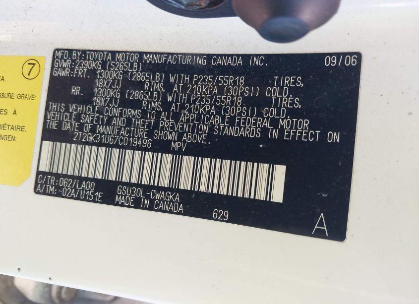 Photo 9 of 2007 Lexus Rx 350 BASE (A5) (VIN 2T2GK31U67C019496)