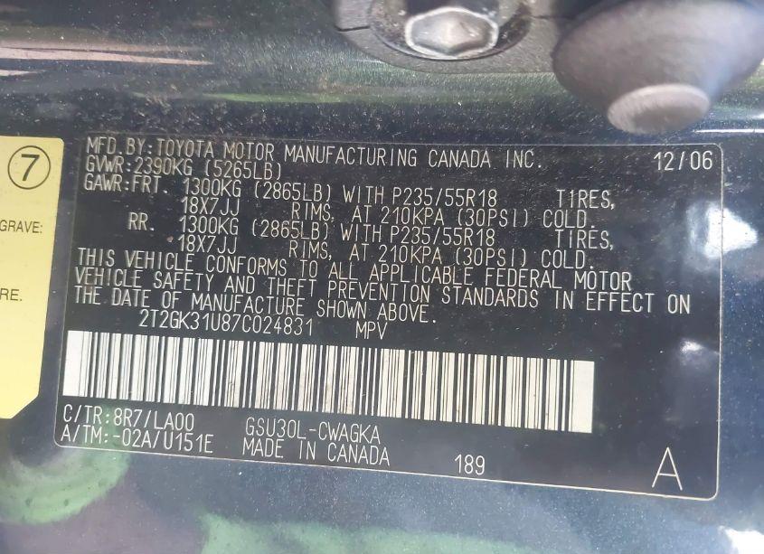 Photo 9 of 2007 Lexus Rx 350 (VIN 2T2GK31U87C024831)