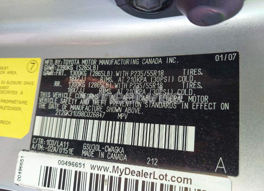 Photo 9 of 2008 Lexus Rx 350 (VIN 2T2GK31U98C026847)